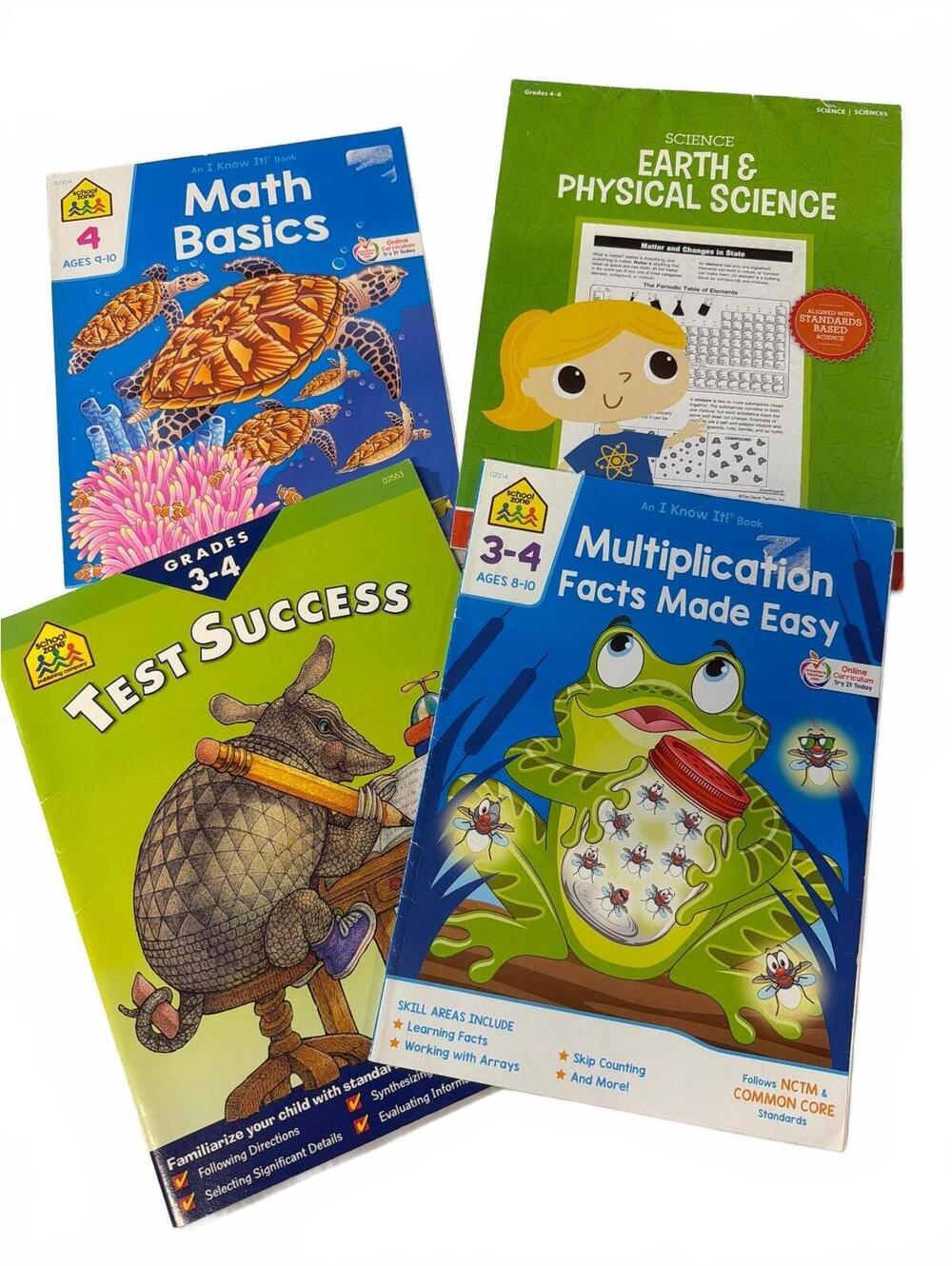 Grade 4 Educational Workbooks Set, School Zone, Math, Science, Test Prep New
